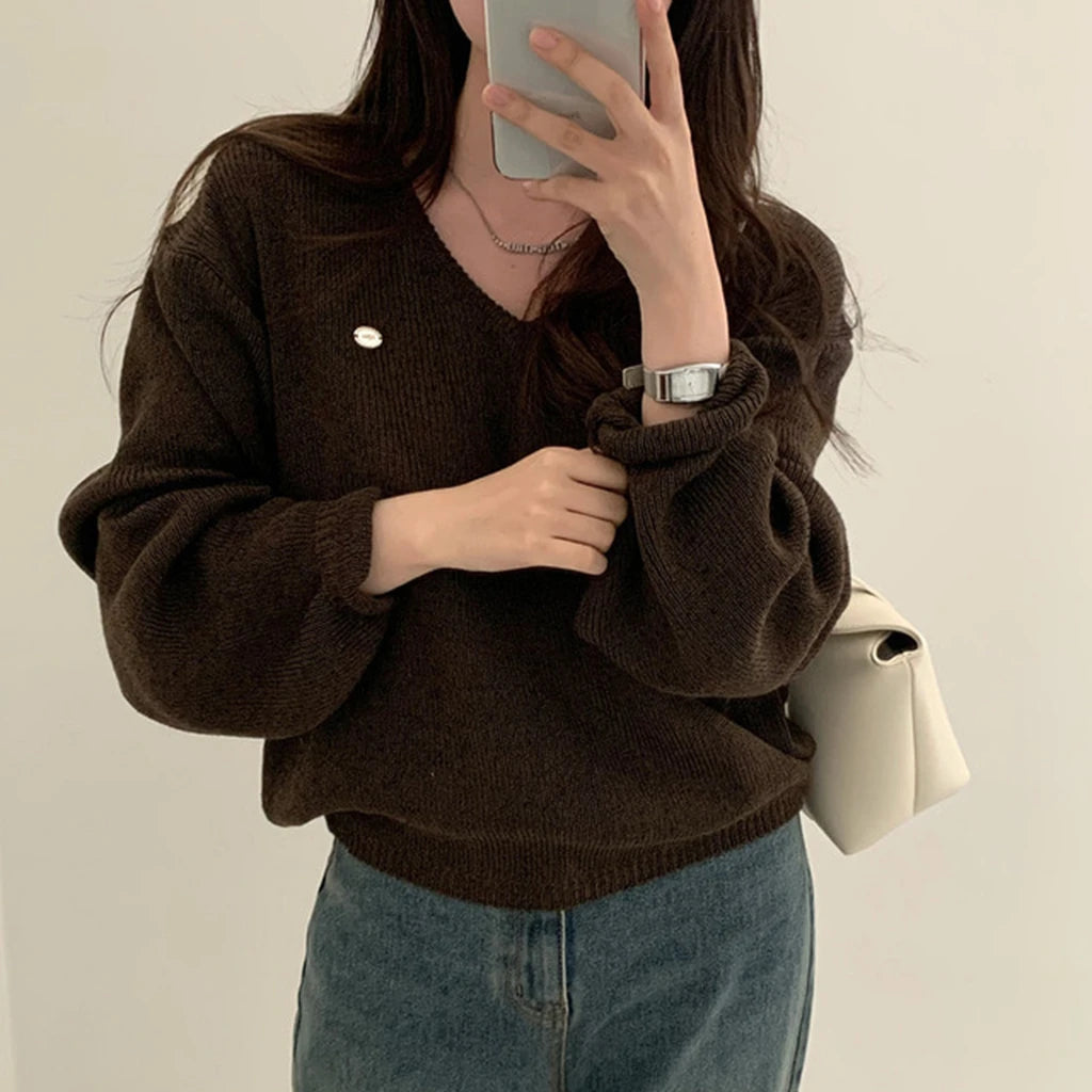 Loose Women’s Knitwear V-Neck Long Sleeve T-Shirt – Casual Comfortable Fashionable Autumn Top New Arrival