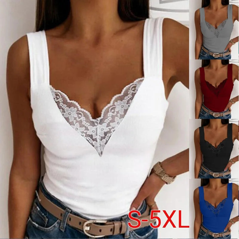 Women’s Summer V-Neck Tank Top | Casual Solid Color Lace Sleeveless Slim Shirt | Sexy Slim Fit Top