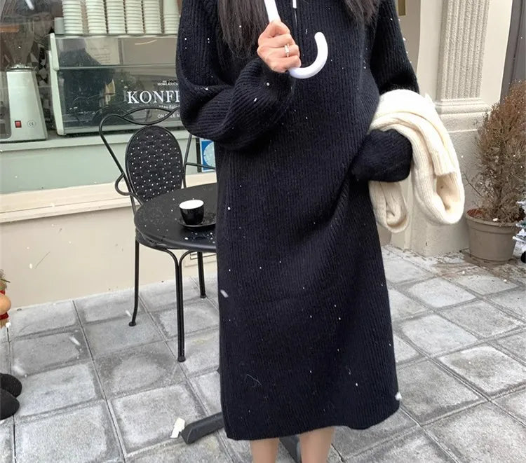 Autumn Winter Knitted Zipper Collar Dress for Women – Long Sleeve Loose Fit Pure Color H-Shape Casual Warm Dress
