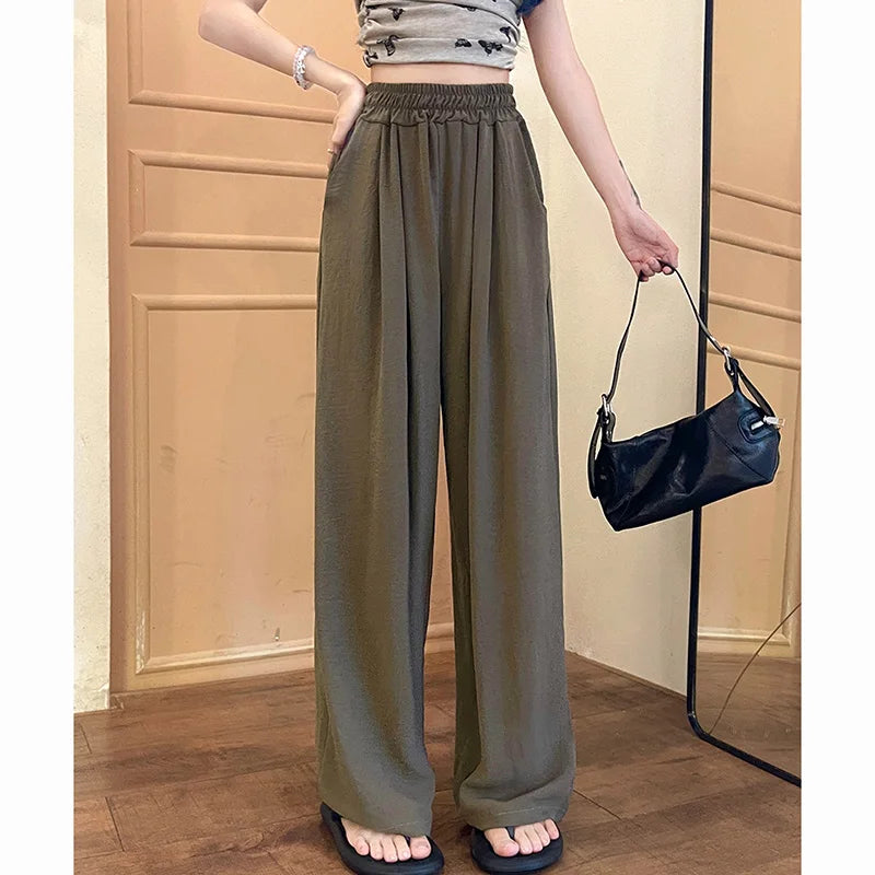 Summer Women Colorful Ice Silk Pants | High Waisted Wide Leg Trousers | Baggy Straight Leg Casual Pants