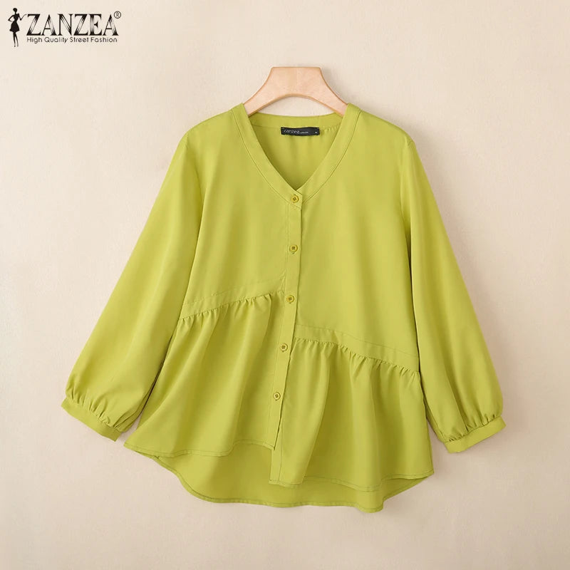2025 ZANZEA Women’s Autumn Blouse – Casual V-Neck Long Sleeve Solid Button-Up OL Work Shirt 👚🍂