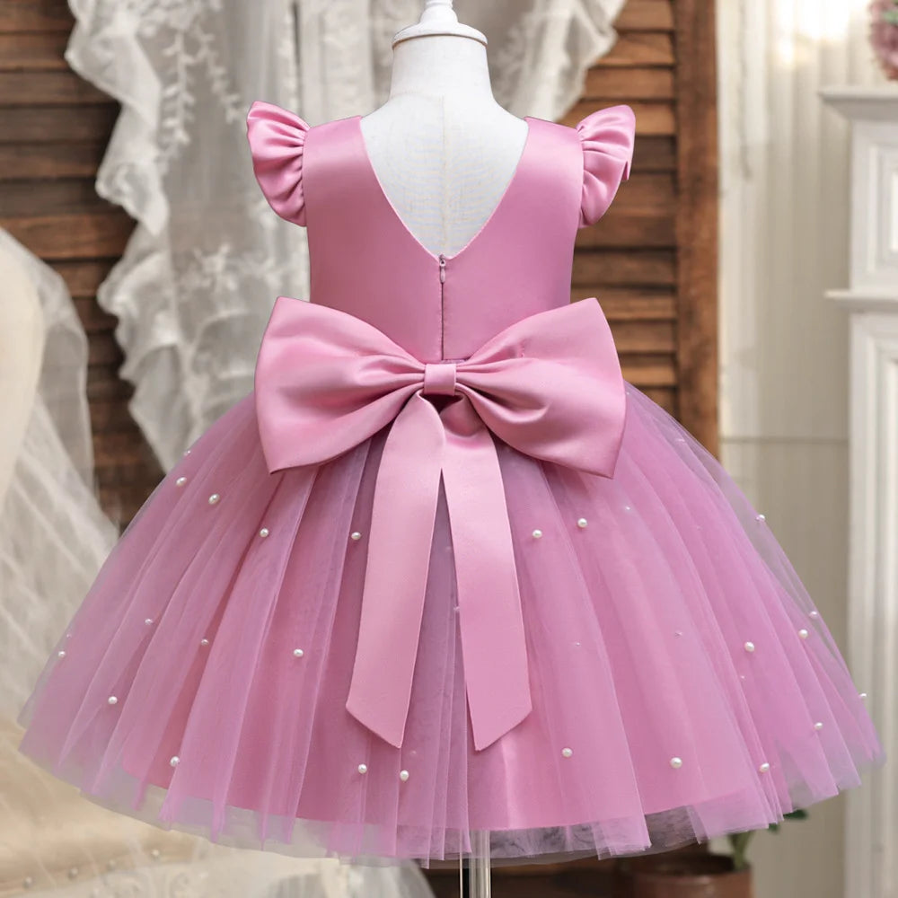 Hello Kitty Girls Pearls Dress – Elegant Princess Wedding Gown, Tulle Birthday Party Dress for Children 3-7Y