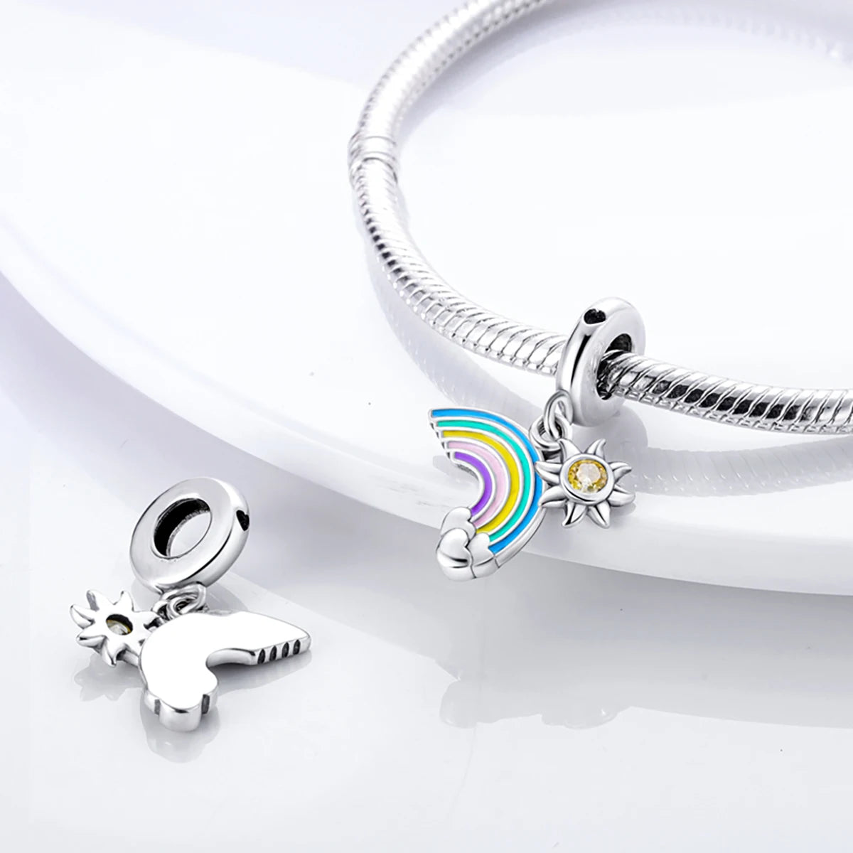 Silver Plated Colorful Glowing Moon & Stars Rainbow Dangle Charms | Fit Original Bracelet & Necklace | Women’s Jewelry Beads