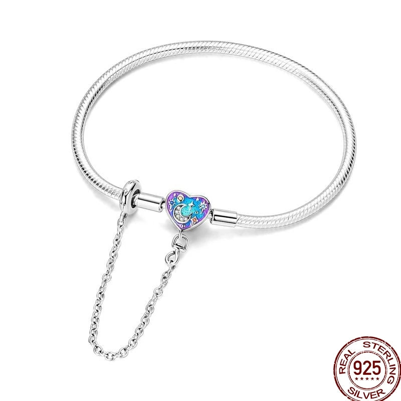 925 Sterling Silver Heart Moon Sun Clasp Charm Bracelet | 17–20CM Original Bracelet for Women | Fits Pandora DIY Beads Jewelry