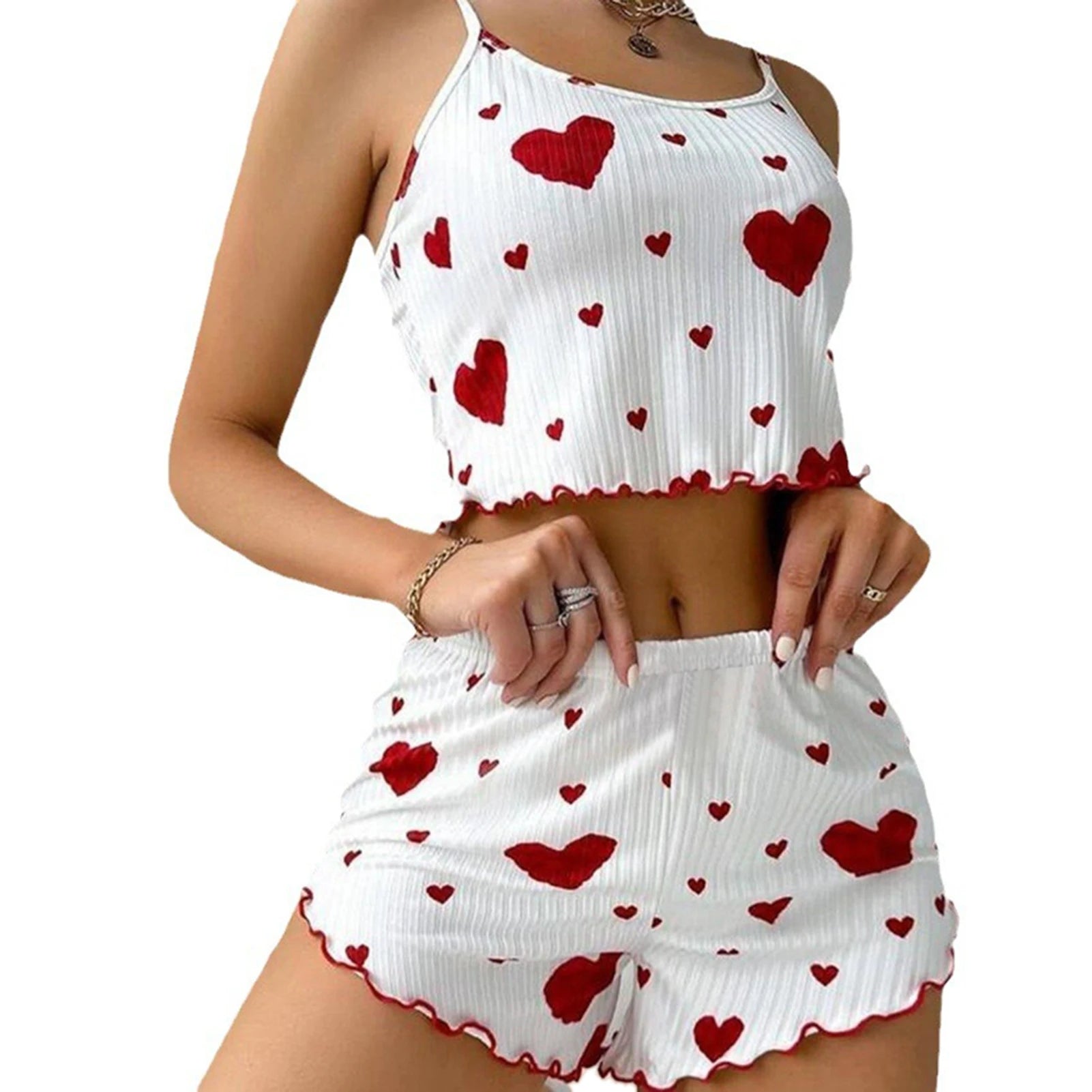 Women’s 2-Piece Pajamas Set – Short Tank Top & Shorts Sleepwear, Soft Casual Ventilated Loungewear with Love Print