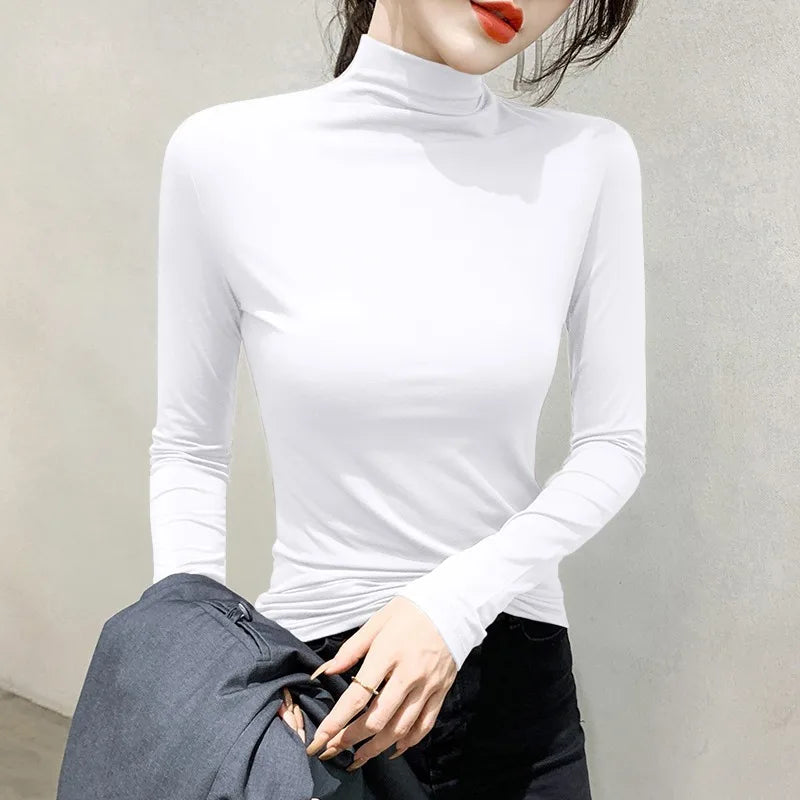 2024 Women’s Black Turtleneck Long Sleeve T-Shirt | Elegant Modal Y2K Korean Fashion Top for Autumn & Winter