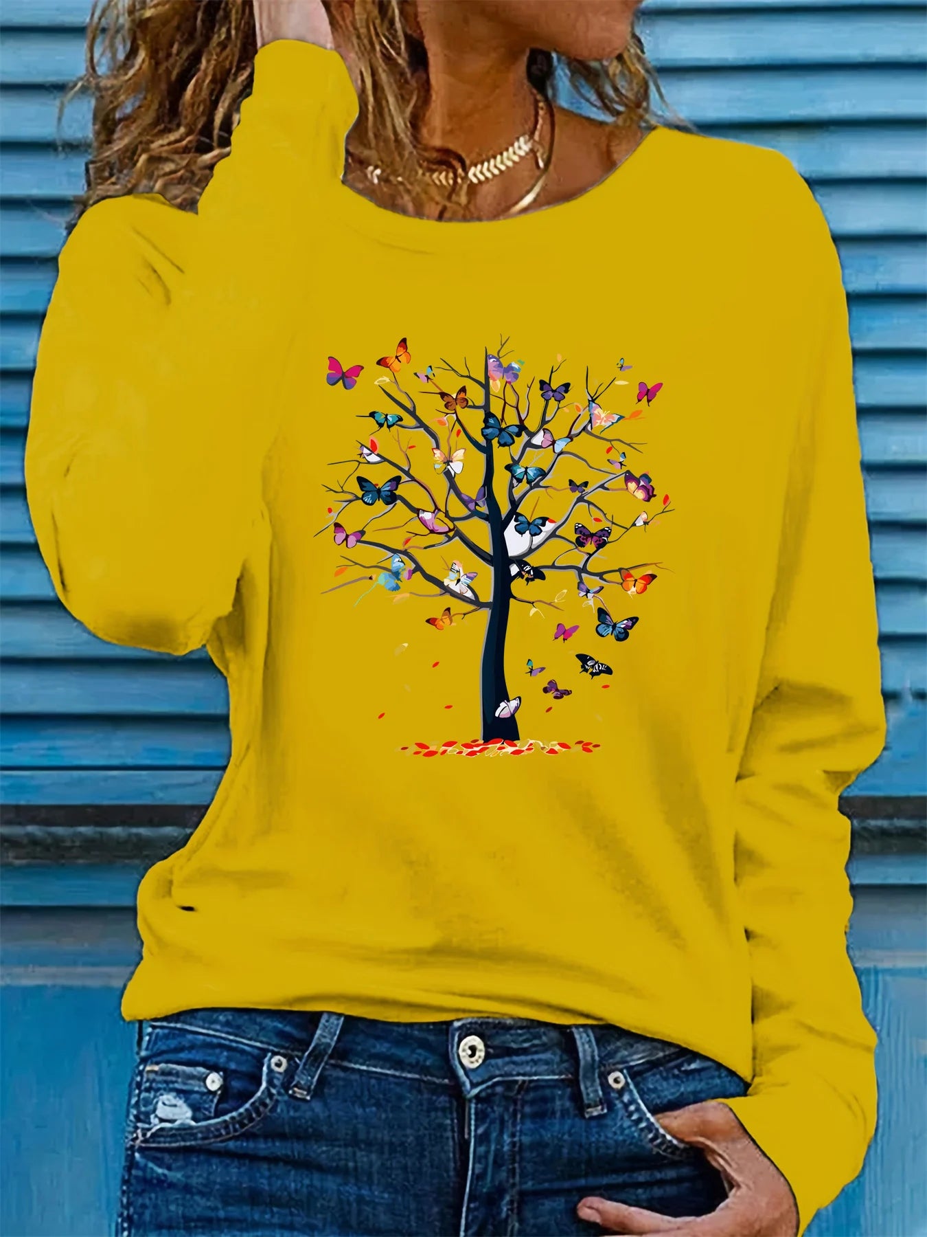 Women’s 100% Cotton Long Sleeve T-Shirt | Spring Autumn Loose Fit Round Neck | Butterfly & Tree Graphic Top