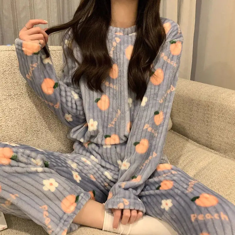 Adorable Sweet Coral Fleece Thiened Autumn Winter Loungewear Set – Women’s Casual Home Clothes | Long Pants Comfortable Leisurewear