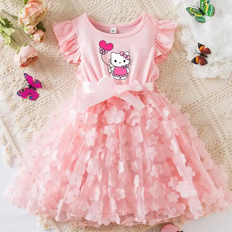 Hello Kitty Girls Tulle Flower Princess Dress | Wedding & Party Tutu Dress | Sleeveless Birthday Gift Outfit