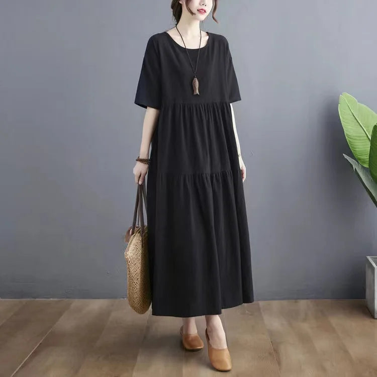 Cotton Linen Midi Dr Slimming A-Line Skirt High Waist Concealing Belly Summer New Sle Artistic Mid-aged And ly Wome...