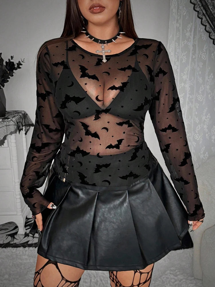 Plus Size Dark Bat Flocking Flower Stretch Knit Top – Semi Sheer Round Neck Long Sleeve 🦇🌸