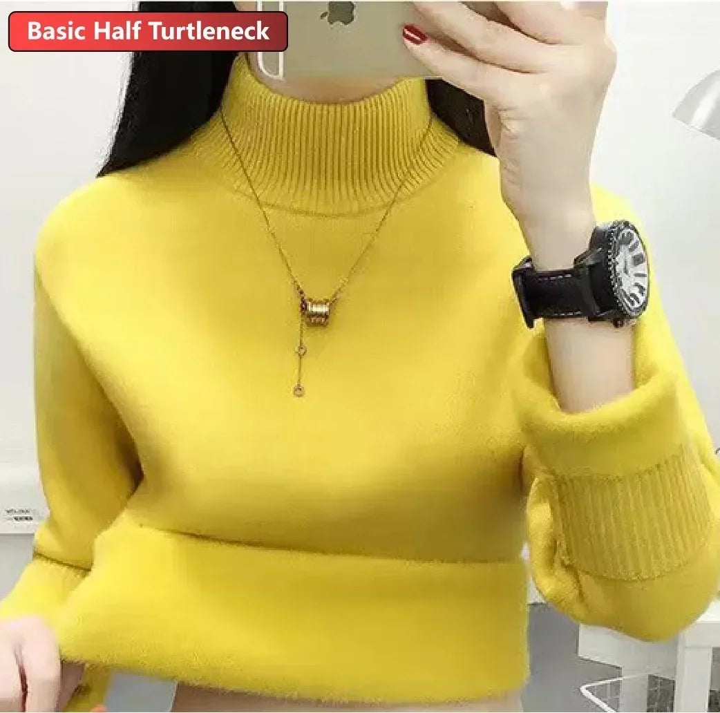Women Winter Thicken Turtleneck Sweater – Slim Knit Plush Velvet Lined Warm Pullover Jumper