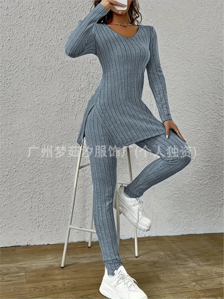 Women’s Knitted 2-Piece Set 🌸 V-Neck Pullover & Trousers Spring/Autumn ✨
