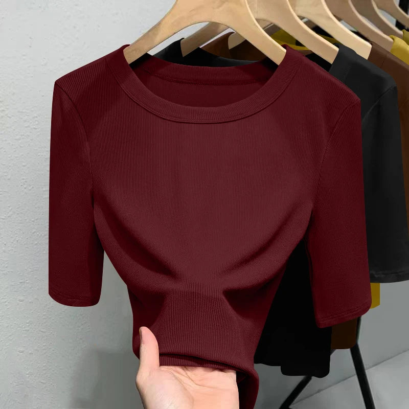 Slim Fit Ice Silk T-Shirt for Women | Summer Breathable Short Sleeve Top | Casual Round Neck Base Shirt