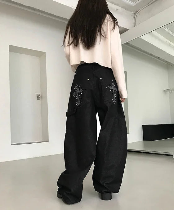 High Waist Wide-Leg Floor-Length Denim Jeans for Women – American Retro Casual Workwear Pants with Beaded Details