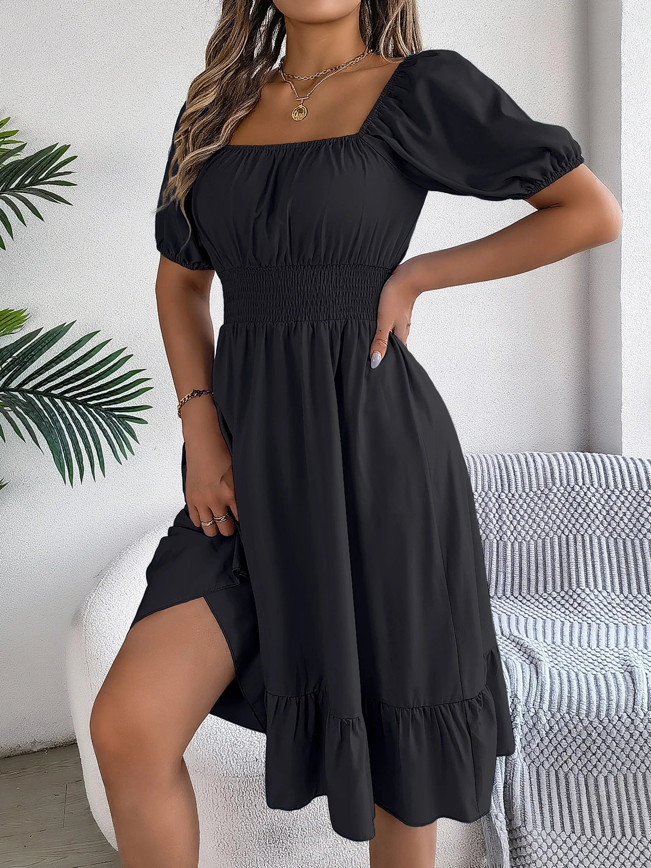 2026 Women’s Elegant High-Waisted Dress – Square Neck, Short Sleeve, Ruffled Edge Long Dress | Spring Summer Valentine’s Day