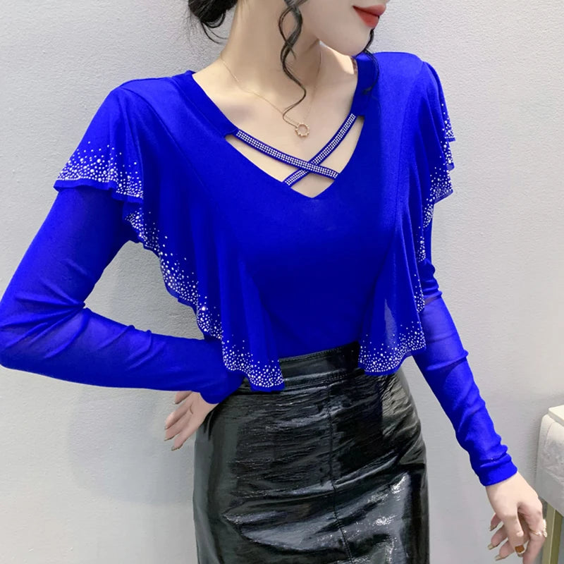 2025 Autumn Women’s Mesh Top – Korean Round Neck Ruffles & Diamond Detail Long Sleeve T-Shirt 🍂✨