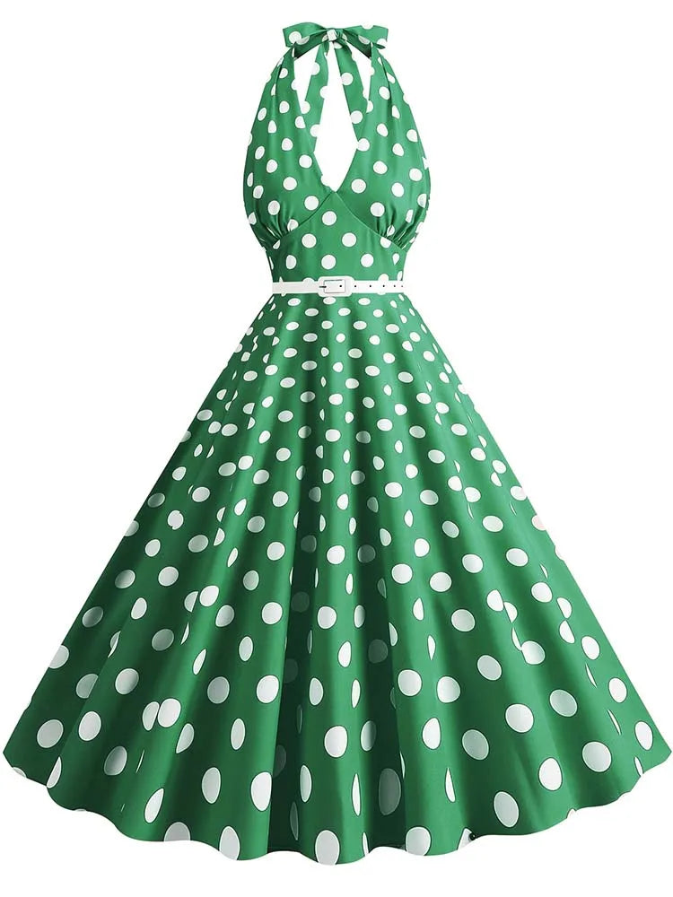 Women’s Vintage Halter Party Dress – Summer Polka Dot Midi Cocktail Prom Elegant Dress