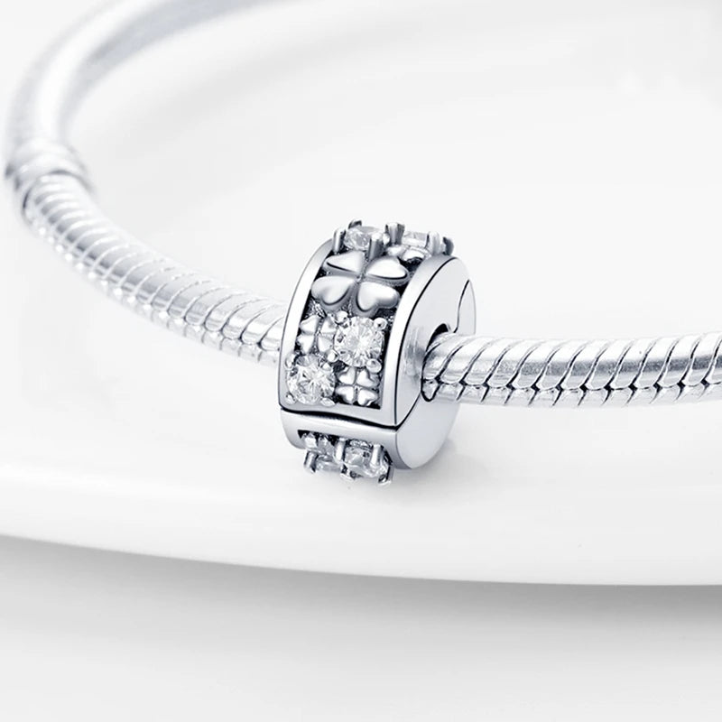 925 Sterling Silver CZ Pave Daisy Clip Charm & Safety Chain – Fits Original Pandora Bracelet, Women’s Silver Stopper Beads Jewelry