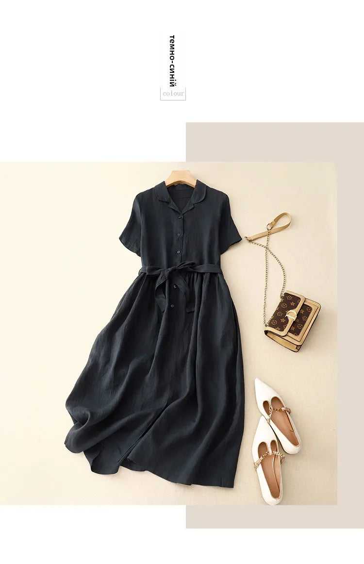 Pure Linen Shirt Dress – Women's Summer Lightweight Breathable Long Dress, Loose Plus Size with Slimming Belt