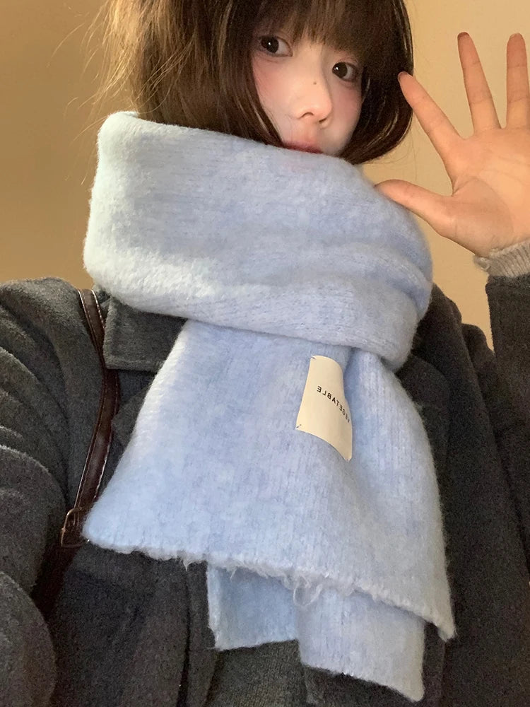 Warm Wool Blend Blue Knitted Scarf – Women’s Korean Style Winter Neck Warmer | Long Rectangle Color Scarf