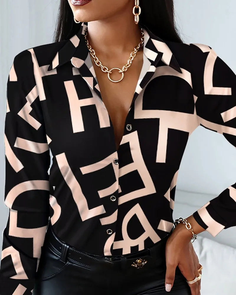 Elegant Women’s Digital Print Blouse – Spring Summer Slim Fit Office Commuter Shirt ✨👚