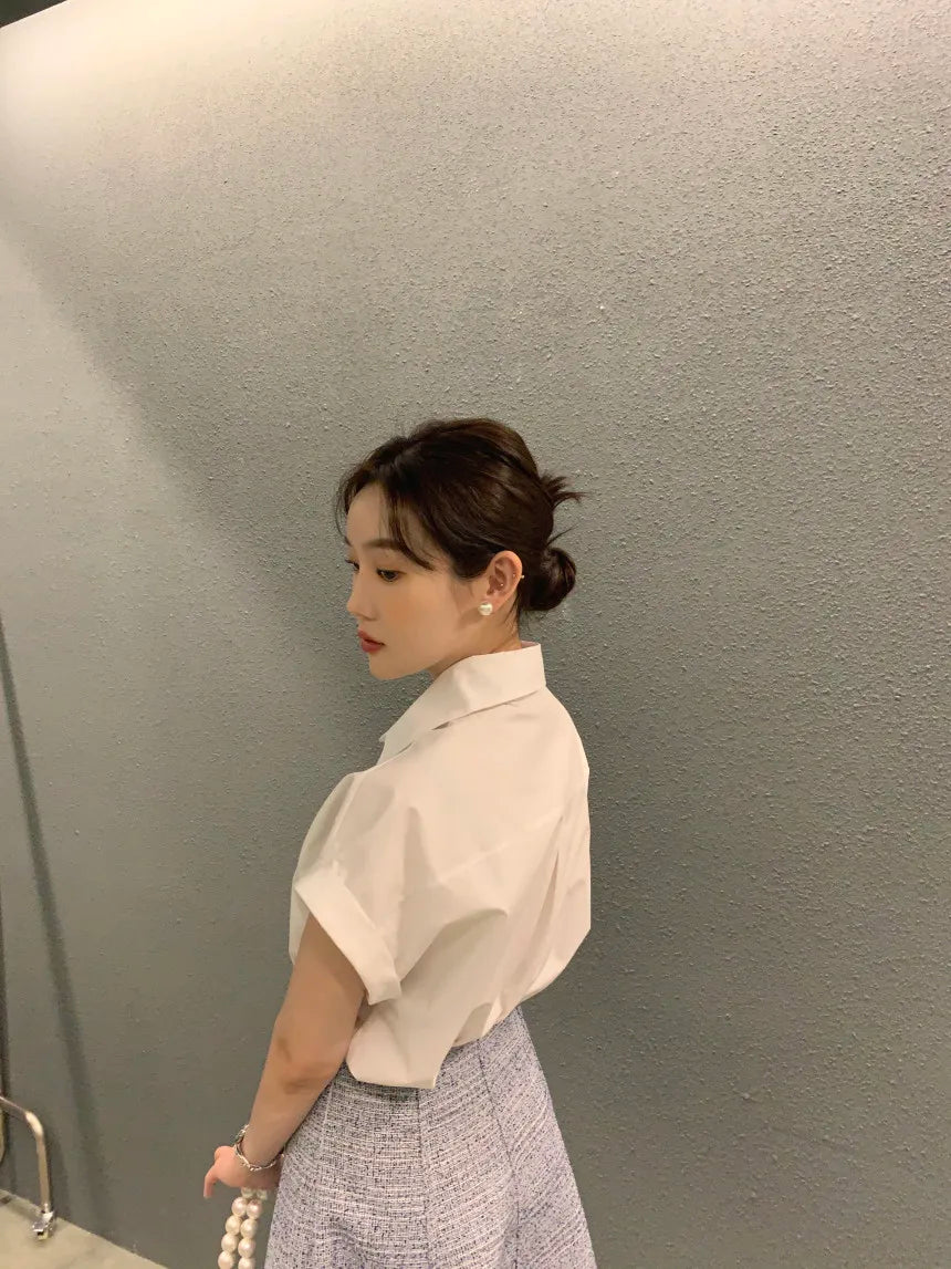 Chic Summer Loose Women’s Shirt | Classic Pure Color Professional Blouse with Small Lapel Collar