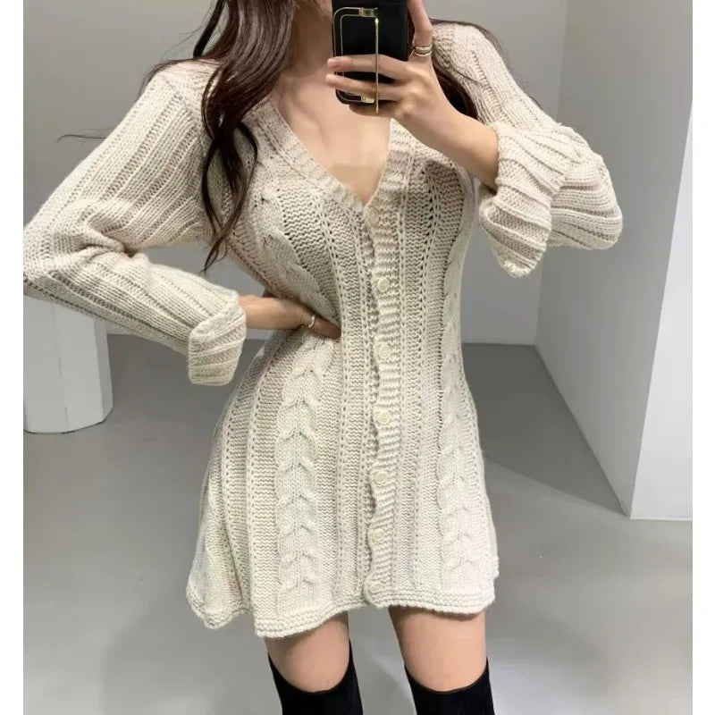 Autumn Casual Knitted Mini Dress – Elegant Slim Fit Long Sleeve Party Sweater Dress for Women | Korean Fashion V-Neck