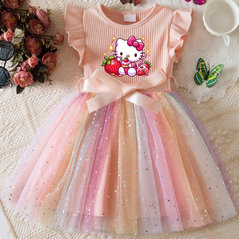 ✨ Hello Kitty Girls Sequins Dress 🎀 Rainbow Tulle Princess Dress 🌈 Toddler Birthday Party Outfit 👧 Ages 1–5 Years