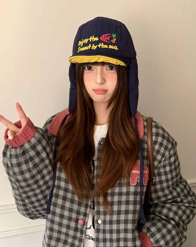 Korean Cute Alphabet Embroidery Thickened Lei Feng Hat Women's Winter Outdoor Cycling Warm Ear Hat Ski Hat