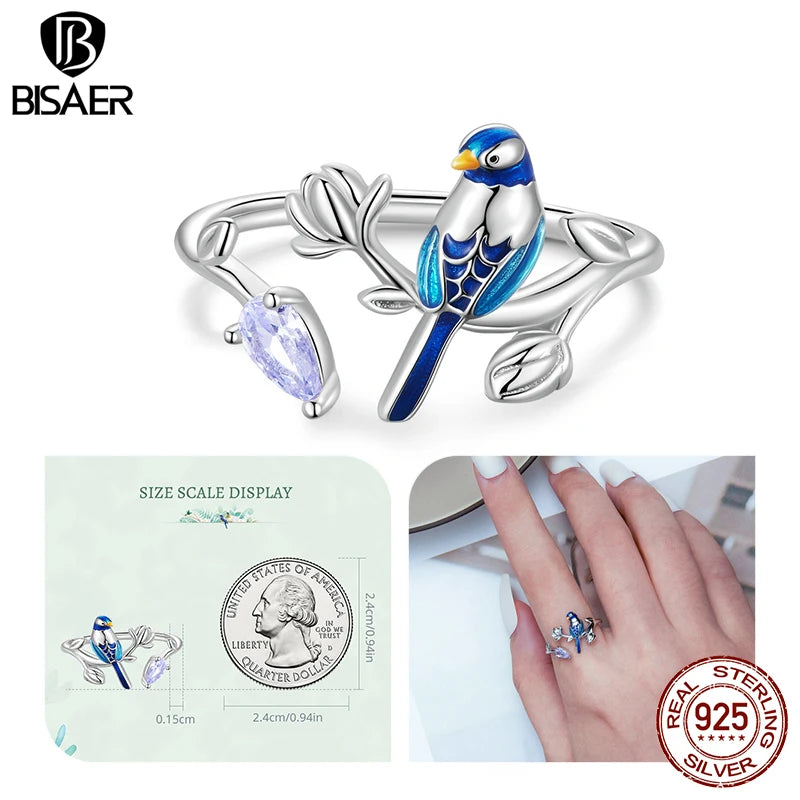 BISAER 925 Sterling Silver Floral Bird Open Ring | Adjustable White Gold Plated Flower Band for Women – Fine Party Jewelry