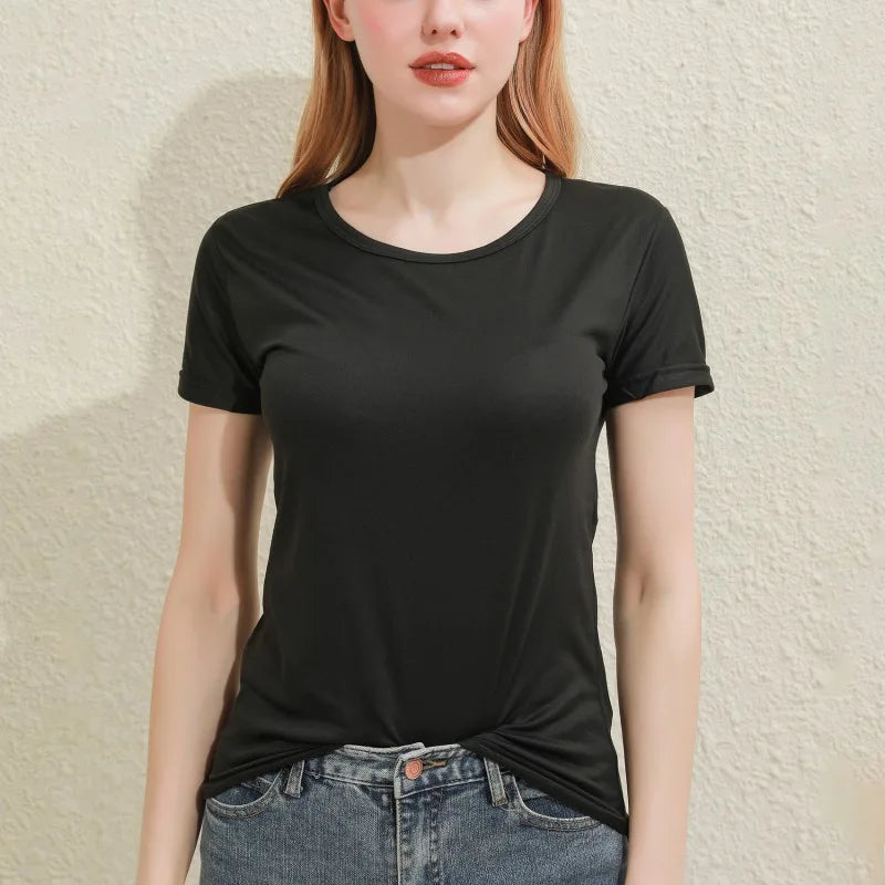 Spring Summer Women V-Neck T-Shirt – Slim Fit Short Sleeve Casual Solid Black & White Ladies Tee Tops