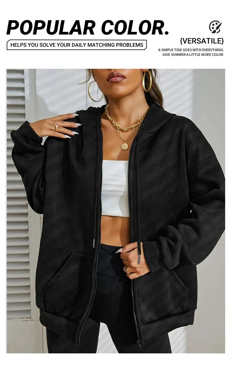 Women’s Solid Zipper Hoodie | Warm Fleece Hooded Sweatshirt | Autumn Casual Streetwear with Pockets