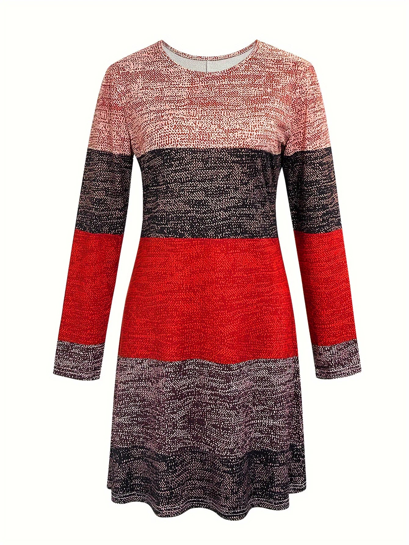 Women’s Colorblock Round Neck Slim Fit Dress – Long Sleeve Elegant Casual Dress for Halloween, Christmas, and Holiday Season