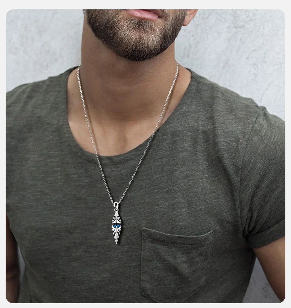 Vnox Stylish Blue Stone Necklace for Men | Stainless Steel Cube Pendant | Geometric Collar Jewelry Gift for Him