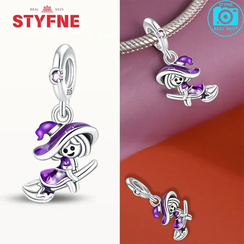 925 Sterling Silver Purple Witch Hat & Magic Book Charm – Halloween Beads Fit Original Pandora Bracelet DIY Jewelry Gift for Women