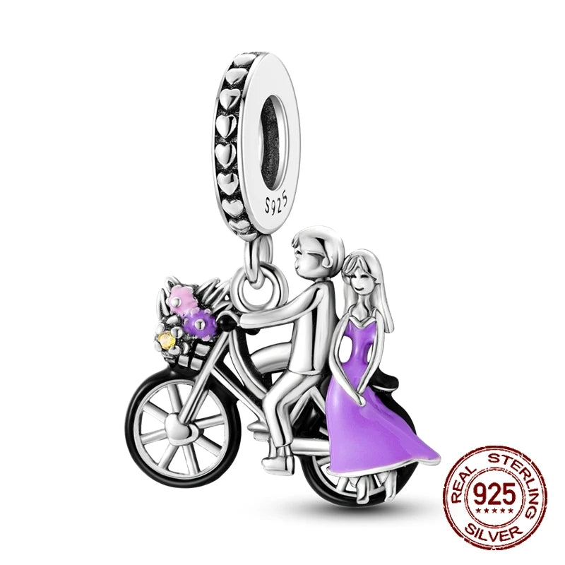 925 Sterling Silver Purple Flower & Butterfly Dangle Charm | Bead for 4MM Bracelet or Necklace DIY Jewelry Gift