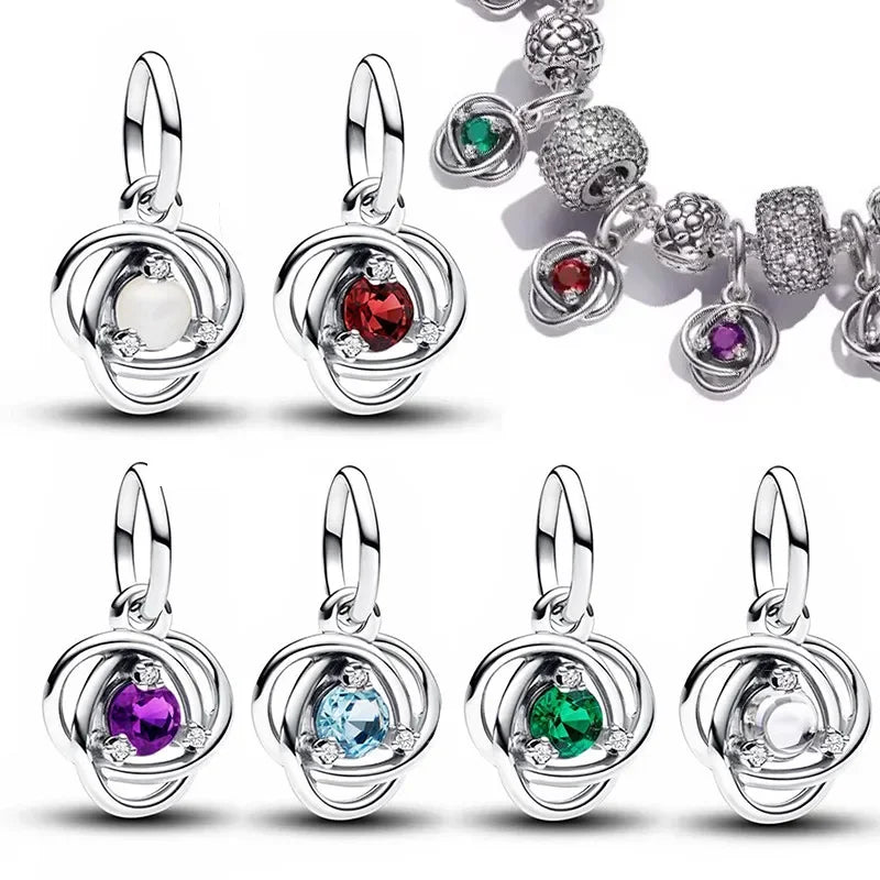 925 Sterling Silver Birthstone Eternity Circle Charms | Fit Pandora Bracelet | Women’s DIY Jewelry Gift