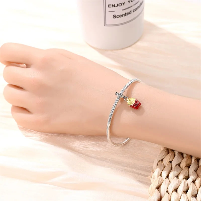 925 Sterling Silver Dessert Afternoon Tea Charm – Coffee, Cake, Pizza & Fries Beads Fit Original Pandora Bracelet DIY Jewelry