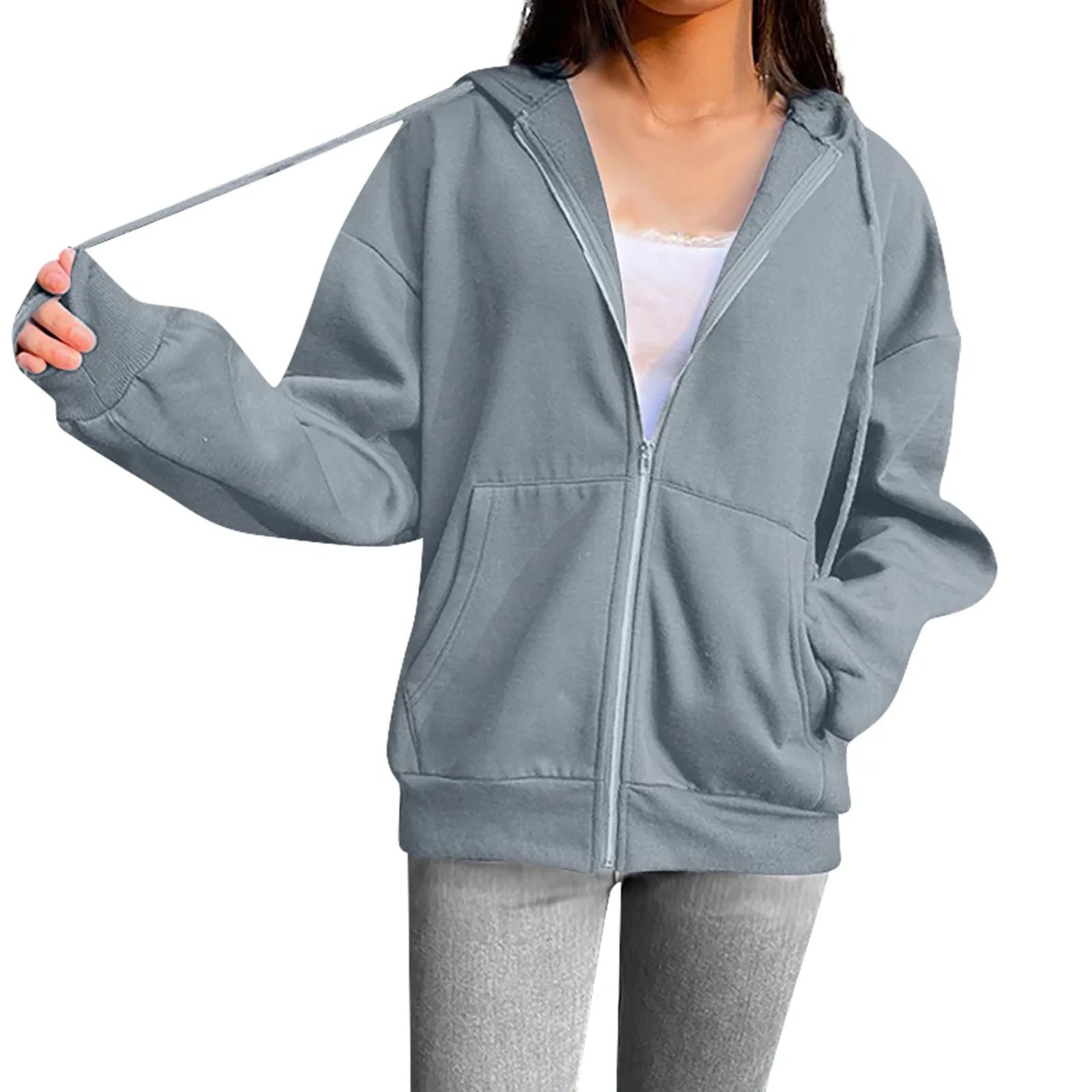 Spring Autumn Women Solid Color Hooded Sweatshirt Coat | Zipper Pocket Hoodie Jacket | Casual Outerwear Femme