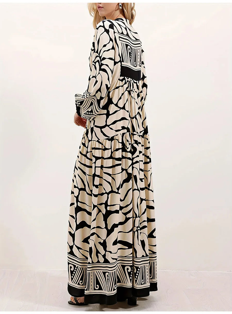 Elegant Long Sleeve V-Neck Loose Maxi Dress for Women | 2025 Autumn Middle East Fashion Casual Long Dress