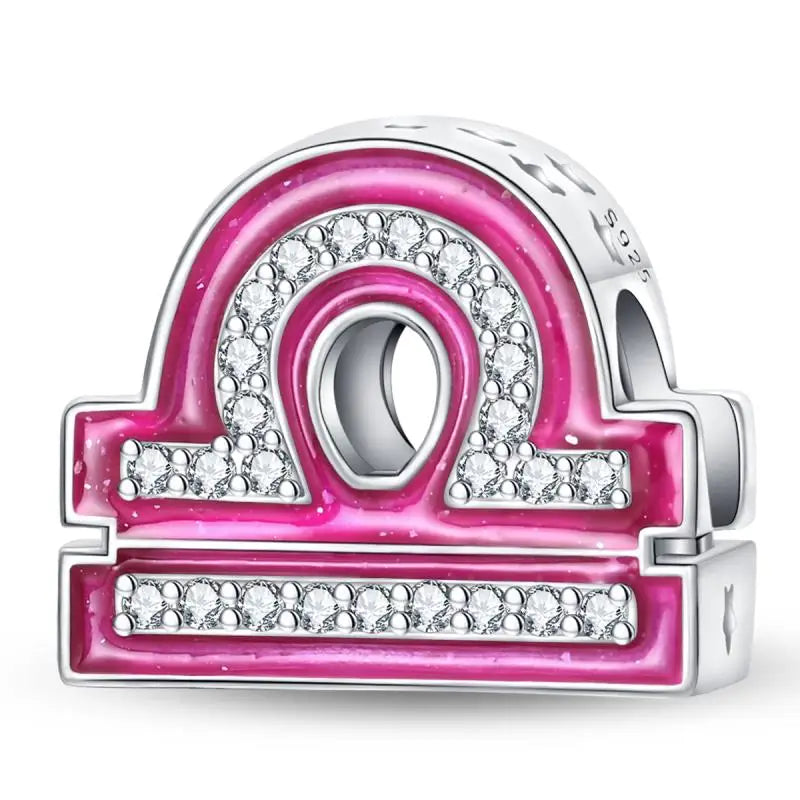 925 Sterling Silver Pink Zircon 12 Zodiac Signs Charms | Fit Original Pandora Bracelets DIY Jewelry Gift for Women