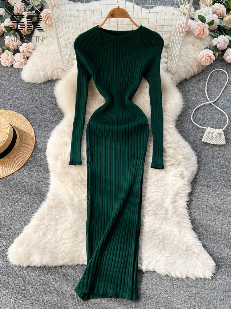 SINGREINY Winter Women’s Knit Maxi Dress – Slim Solid O-Neck Long Sleeve Pencil Sweater Dress | Autumn Harajuku Fashion