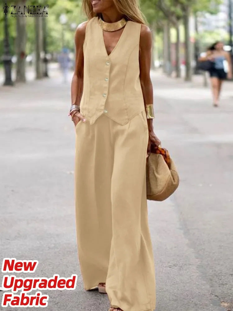 ZANZEA 2025 Elegant Women’s Two-Piece Set – Solid Color Wide Leg Pants & Vest Top Plus Size 👩‍💼✨