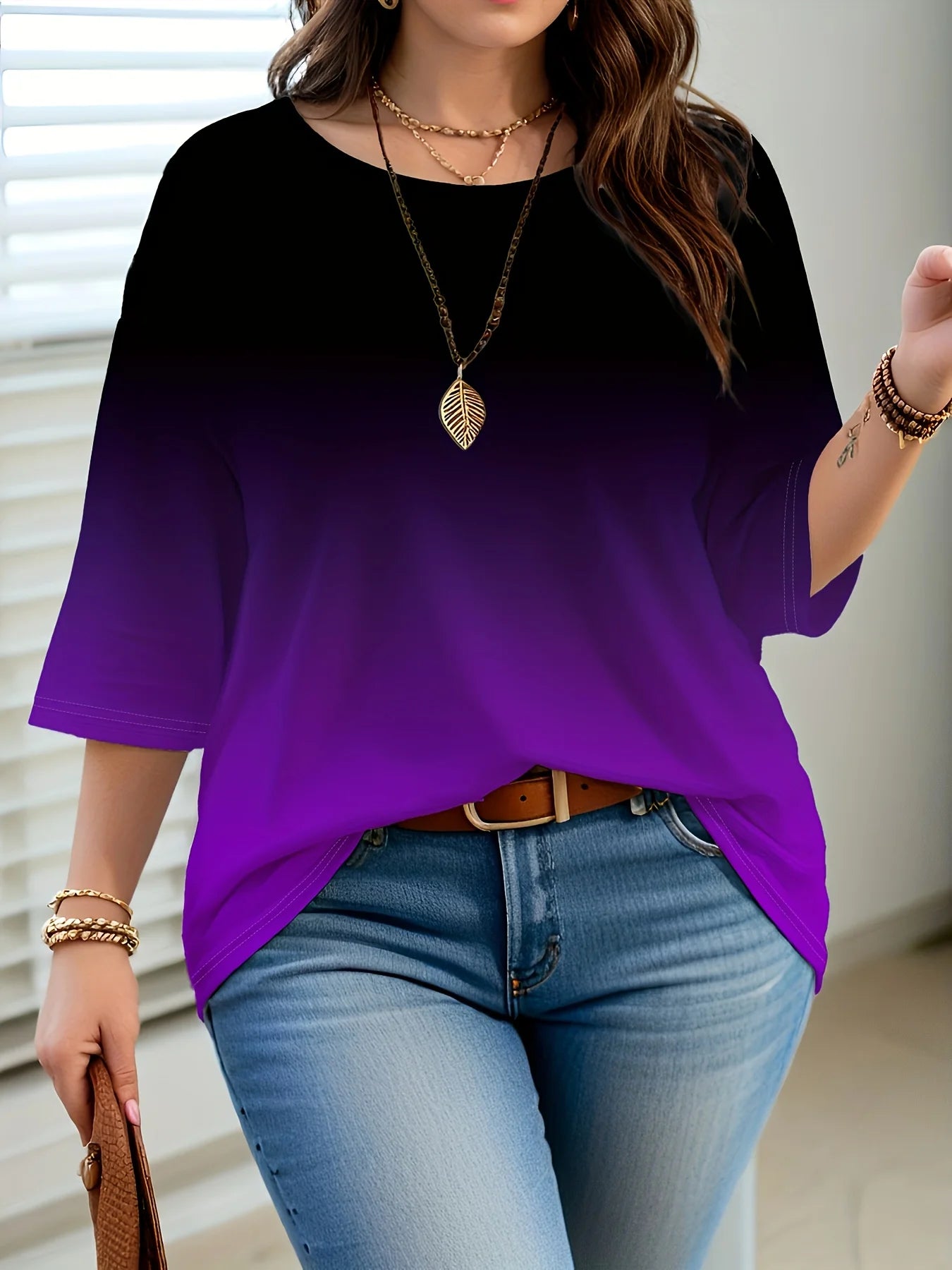 Plus Size Women’s Gradient Color T-Shirt – Loose, Elegant, Casual & Comfortable Top 🌿✨