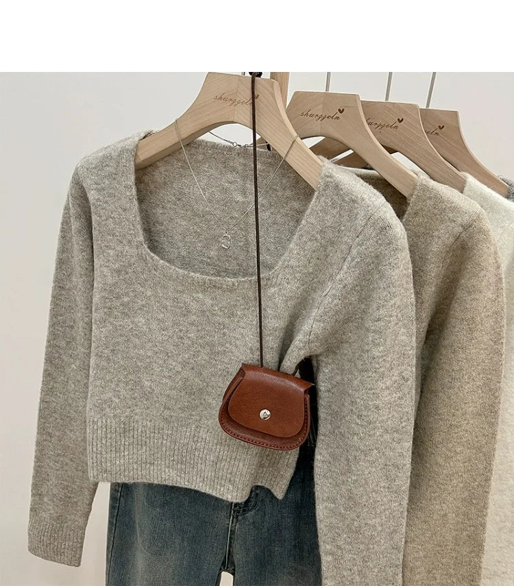 ✨ Soft Short Knitted Sweater Top for Women 🍁 Square Collar Slim Fit | Autumn Winter Inner Base Shirt 👚