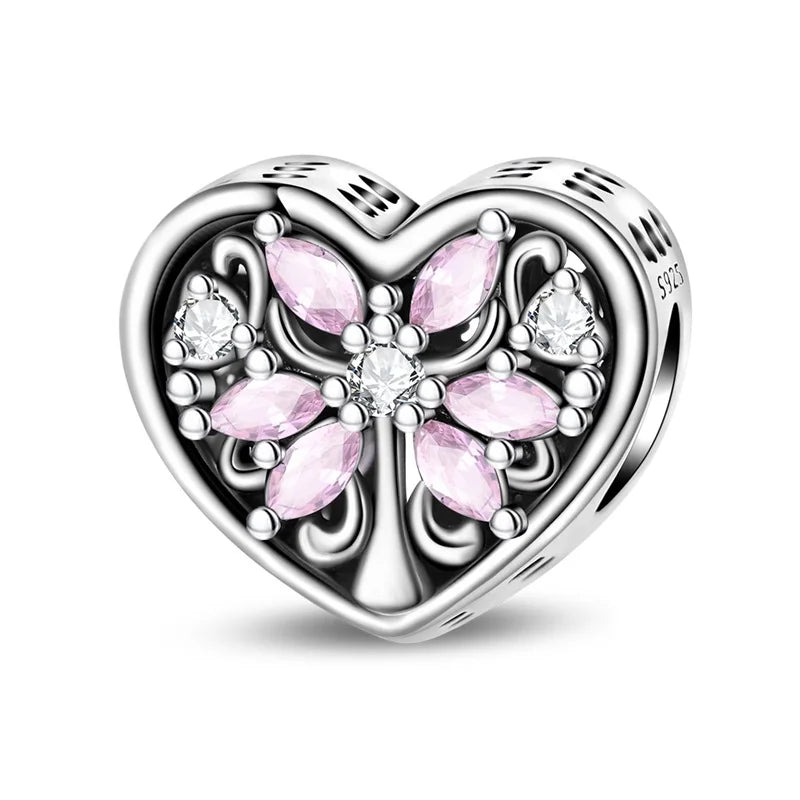 Romantic Pink Flowers 925 Sterling Silver Charms | Bag Lipstick Heart Bow Rose Bead Fit Original Bracelet DIY Jewelry Gift