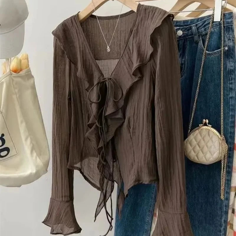 2025 Women’s Lace-Up V-Neck Ruffle Blouse | Elegant Long Sleeve Office & Casual Top