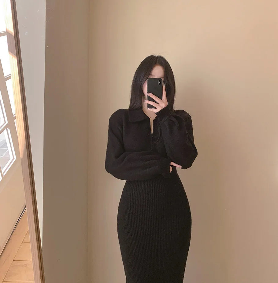 Elegant Neck Knitted Bodycon Dress for Women – Soft Autumn Winter Long Sleeve Casual Comfortable Fashion Dress