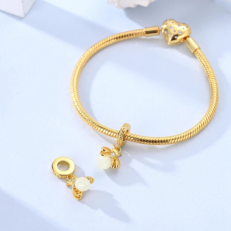925 Sterling Silver Luminous Golden Firefly Charms | Sparkling Bee & Cat Dangle Beads Fit Original Bracelet DIY Jewelry Gift